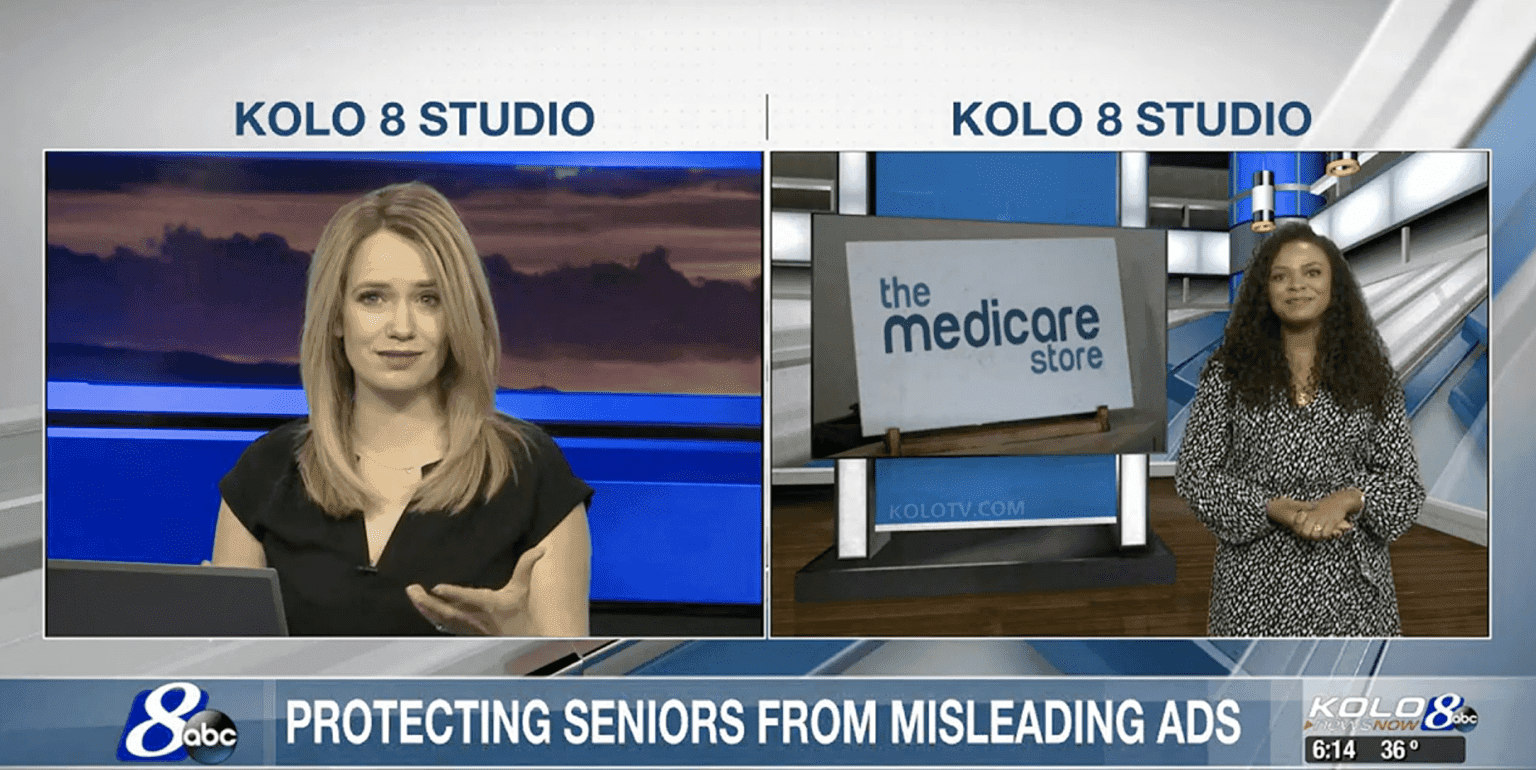 KOLO 8 studio broadcast of the story Protecting Seniors From Misleading Ads, with The Medicare Store sign on screen beside the anchors